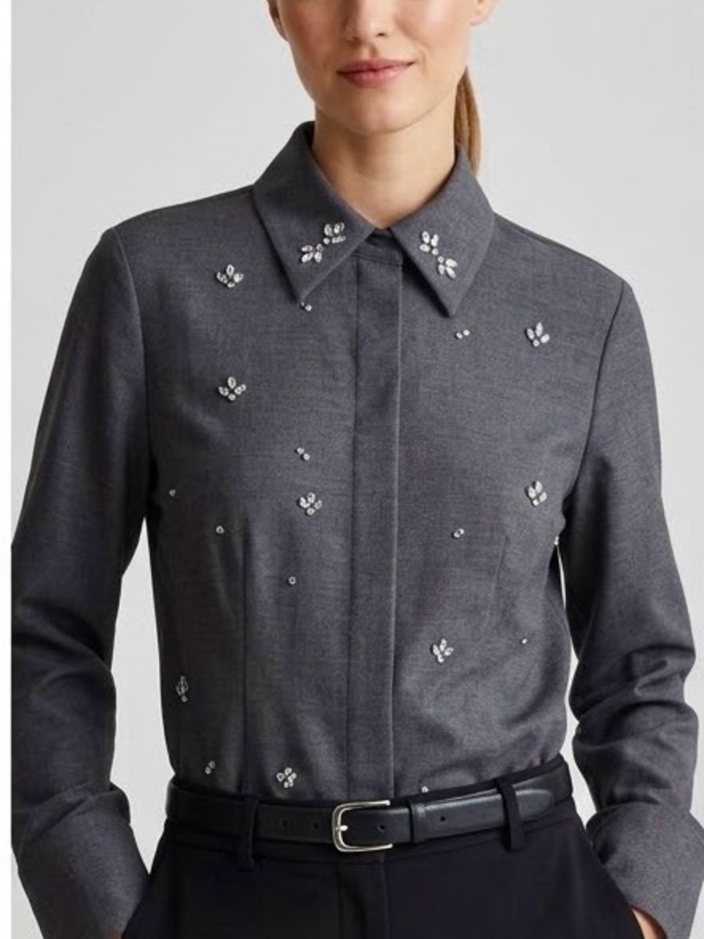 H&M Grey Rhinestone Embellished Button Up Shirt Size Small